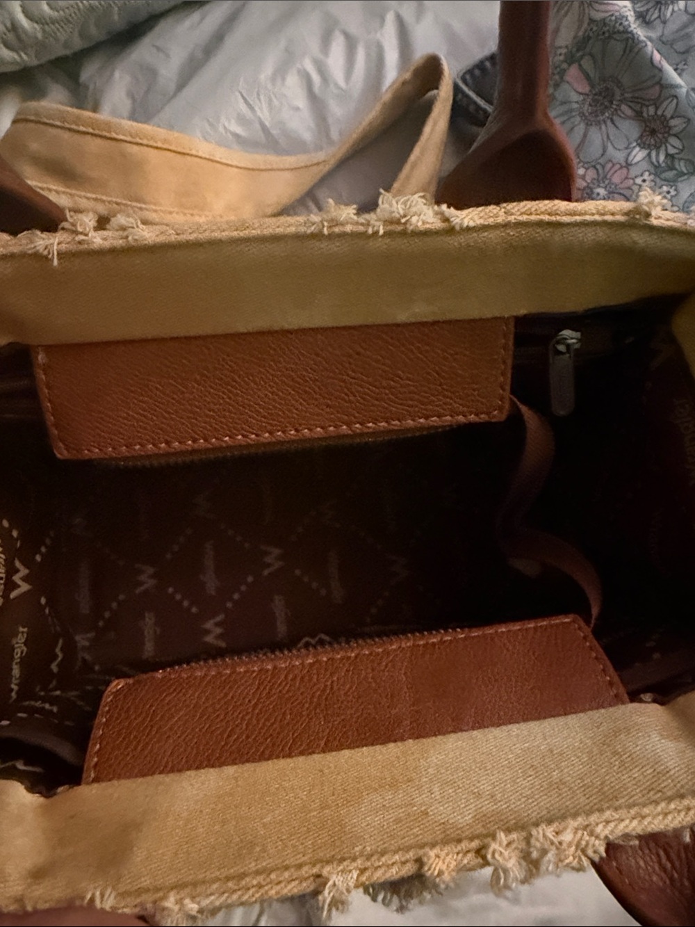 Wrangler Beige Canvas Tote with Brown Trim and Braided Handles - Picture 4 of 14